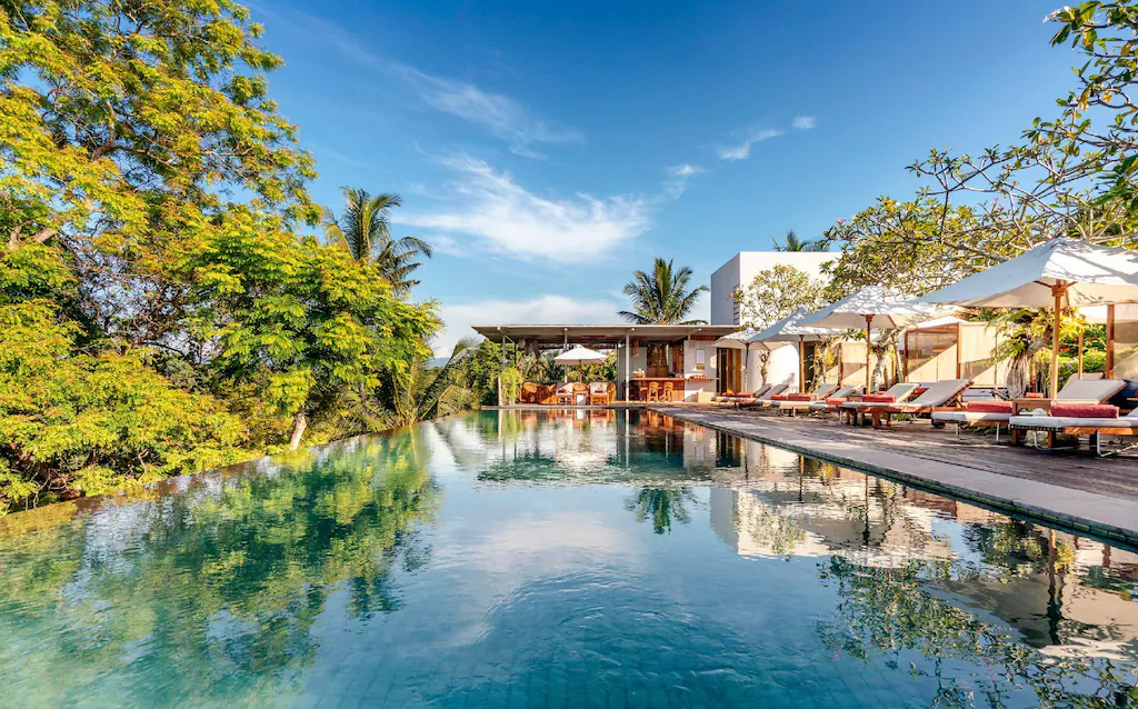 Luxury infinity pool surrounded by tropical trees and sun loungers at a serene resort, ideal for wellness retreats in Bali under clear blue skies.