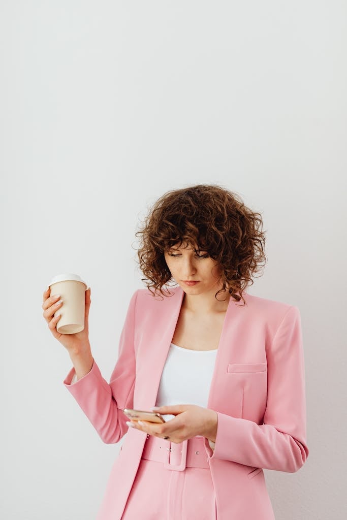 Woman in Pink Blazer Using a Cellphone