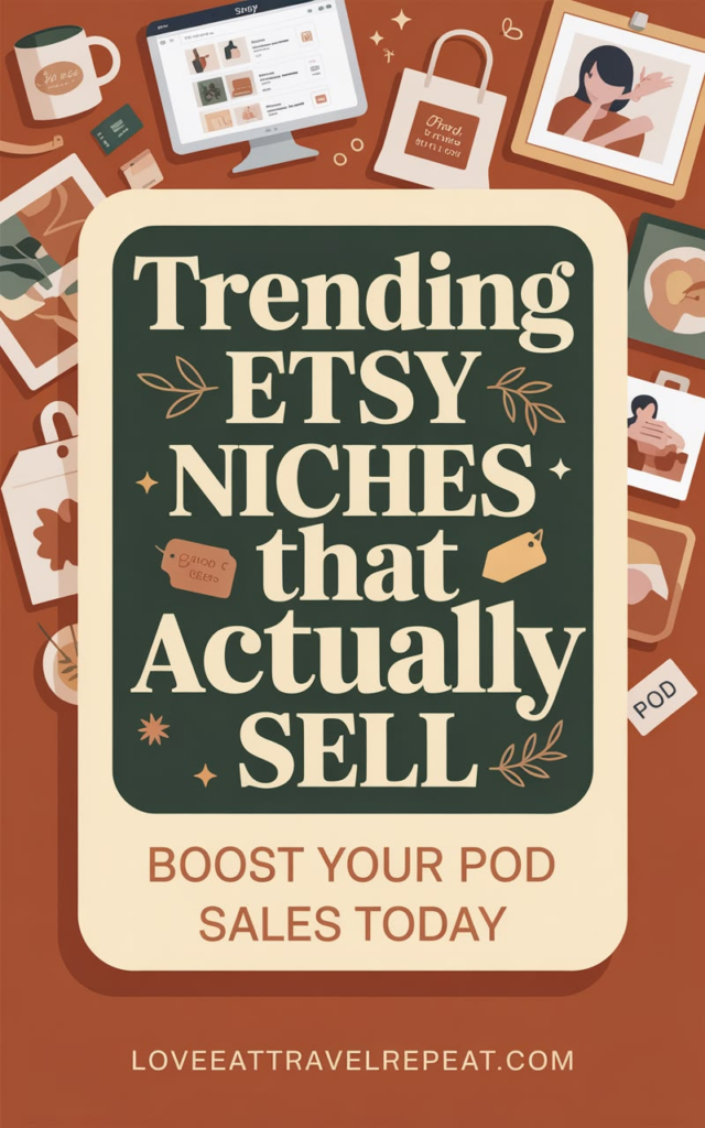Trending Etsy niches infographic with POD products, coffee mug, tablet showing online store, and shopping bag illustrations