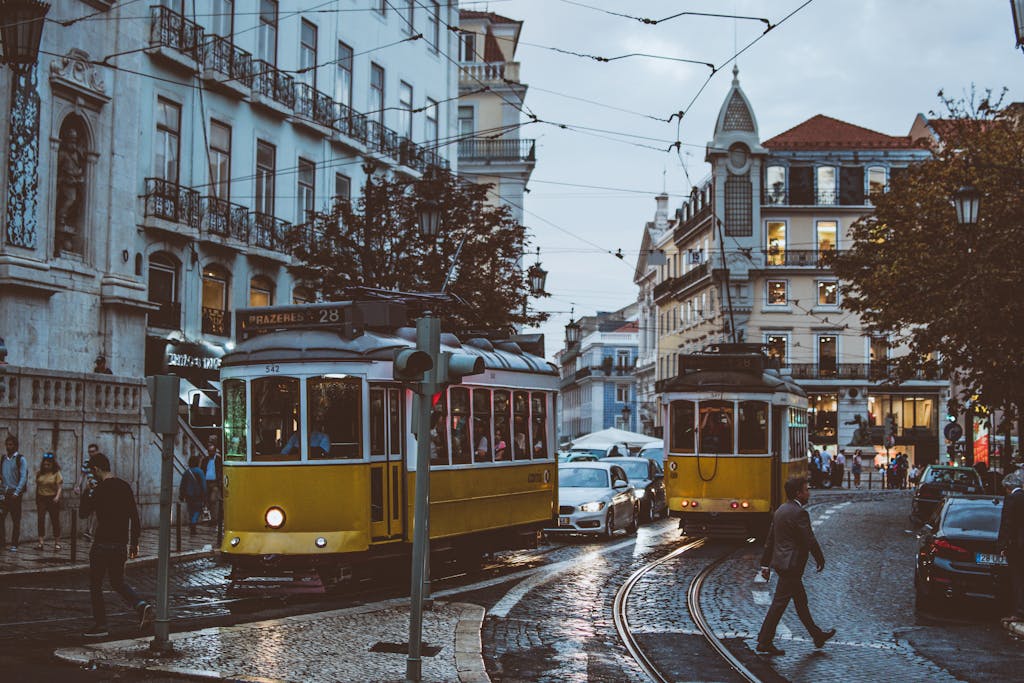 Yellow trams in city center of Lisbon