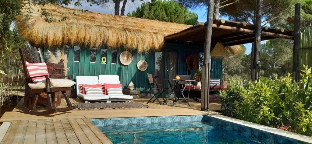 Cozy cabin with a thatched roof and green wooden walls, featuring a charming outdoor seating area with striped cushions, a small table, and rocking chairs, set next to a small pool surrounded by lush greenery and pine trees.