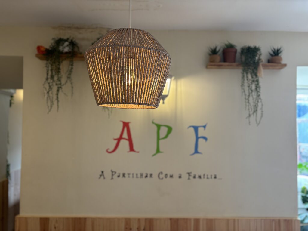 Woven pendant light fixture hanging above APF logo wall with plants on wooden shelves in modern interior space.