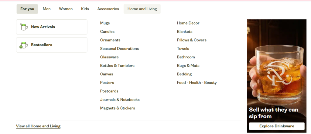 Home and Living category menu with drinkware items including mugs, glassware, bottles and home decor options