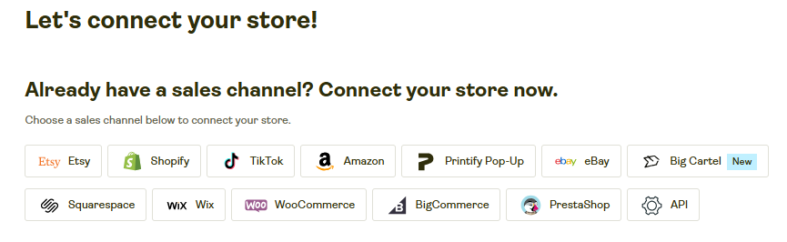Screenshot showing sales channel connection options including Etsy, Shopify, TikTok, Amazon, eBay, and other e-commerce platforms