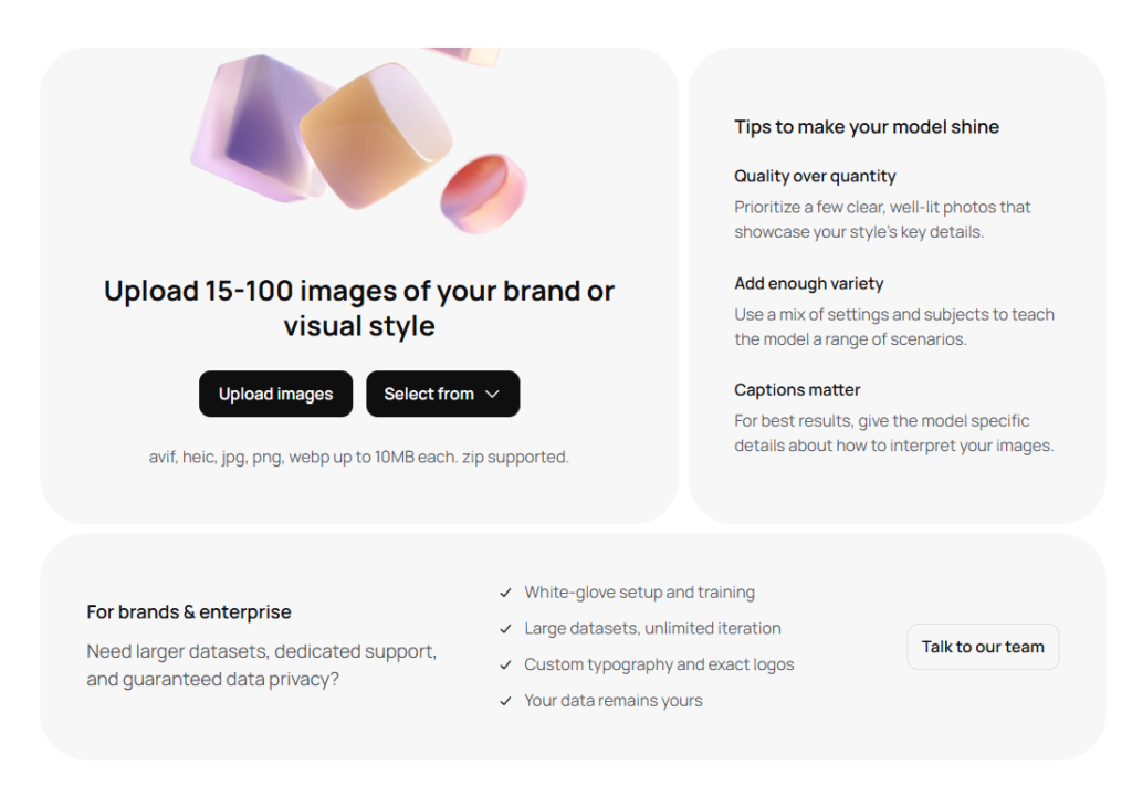 AI model training interface showing image upload options and tips for brands to create custom visual styles
