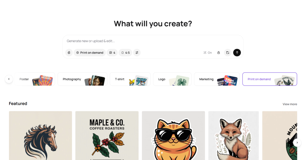 Design platform interface showing creative project options including posters, photography, t-shirts, logos and featured templates
