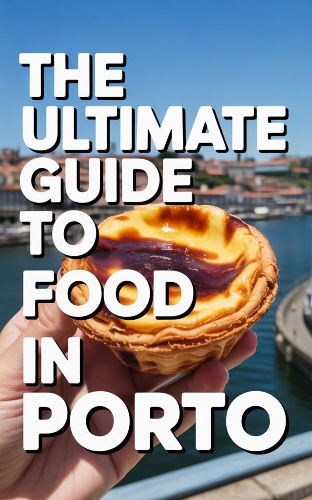 Ultimate food guide to Porto featuring traditional Portuguese pastéis de nata custard tart held by waterfront cityscape
