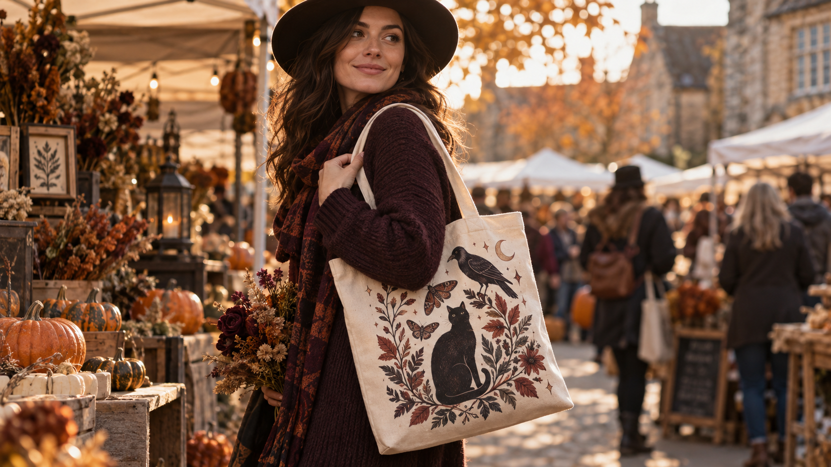 Adult carrying a botanical Halloween tote with a black cat, crow and moth design at an autumn market.
