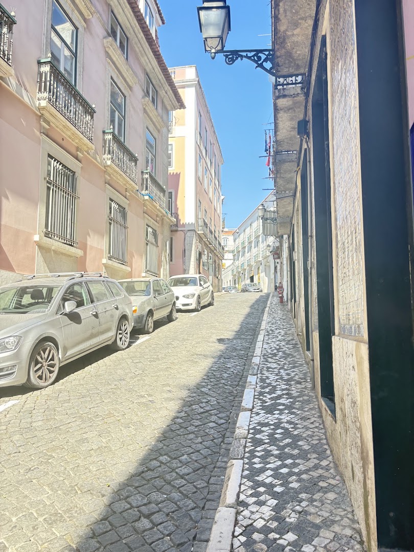 Sunny cobbled street in Chiado, Lisbon