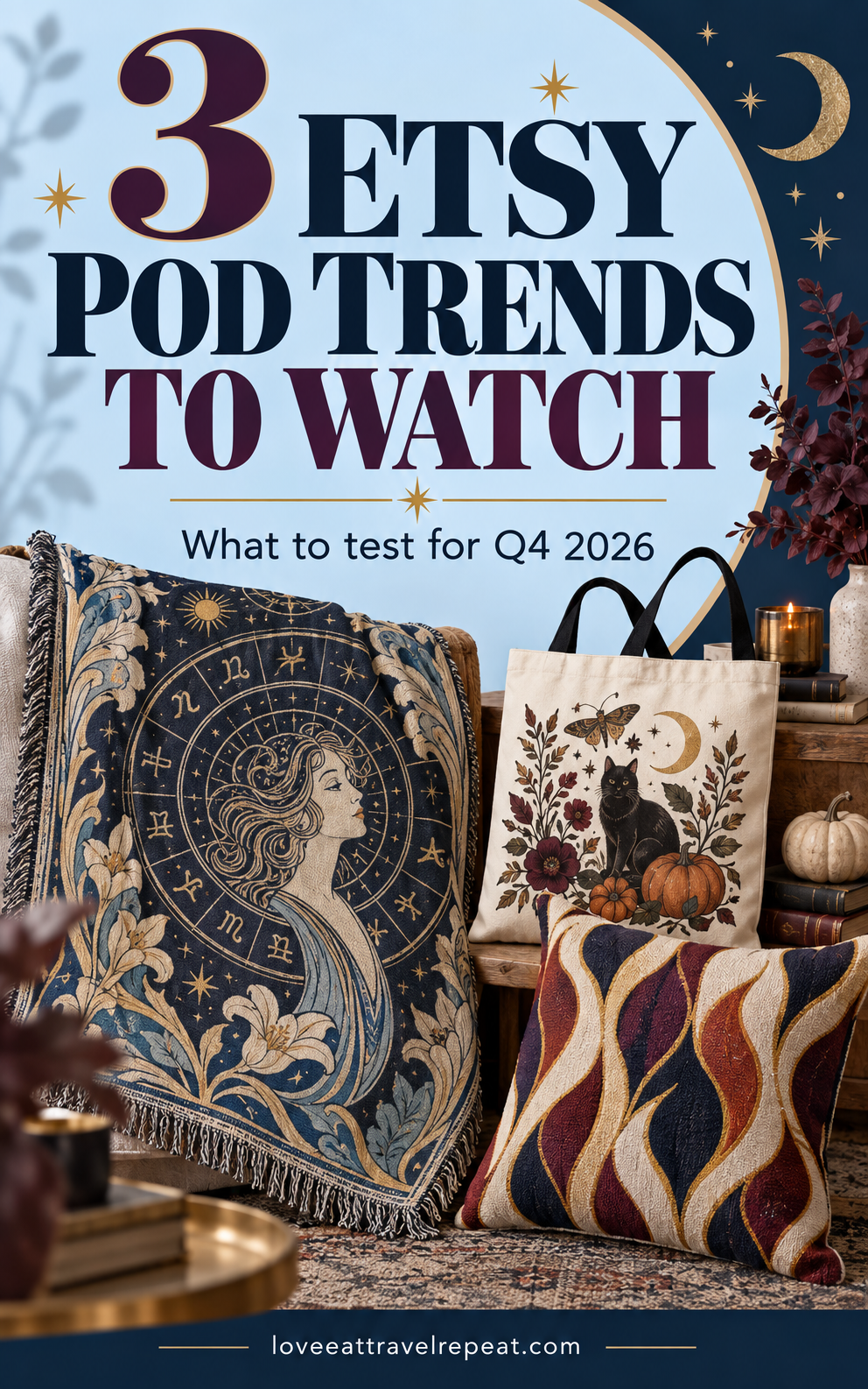Pinterest graphic featuring three Etsy POD trends for Q4 2026.