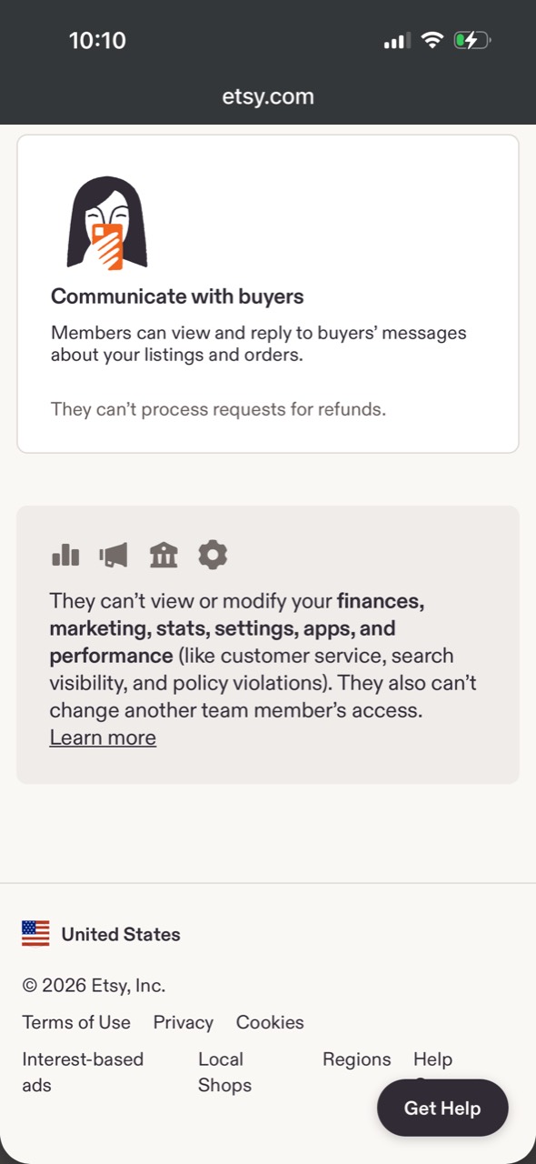 Etsy shared access restrictions protecting finances, marketing, stats, and settings