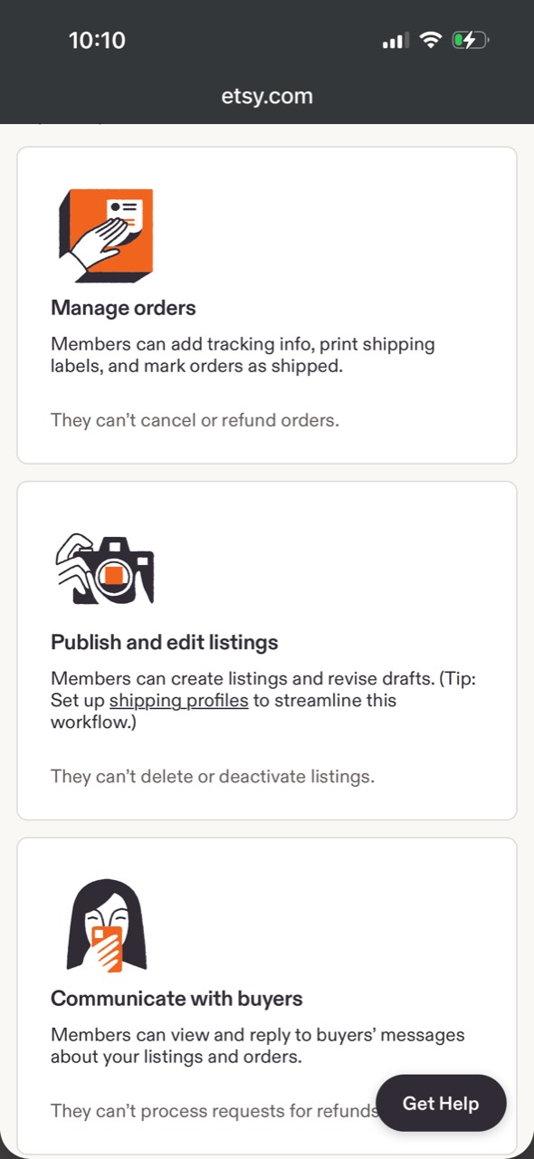 Etsy shared access permissions for orders, listings, and buyer messages