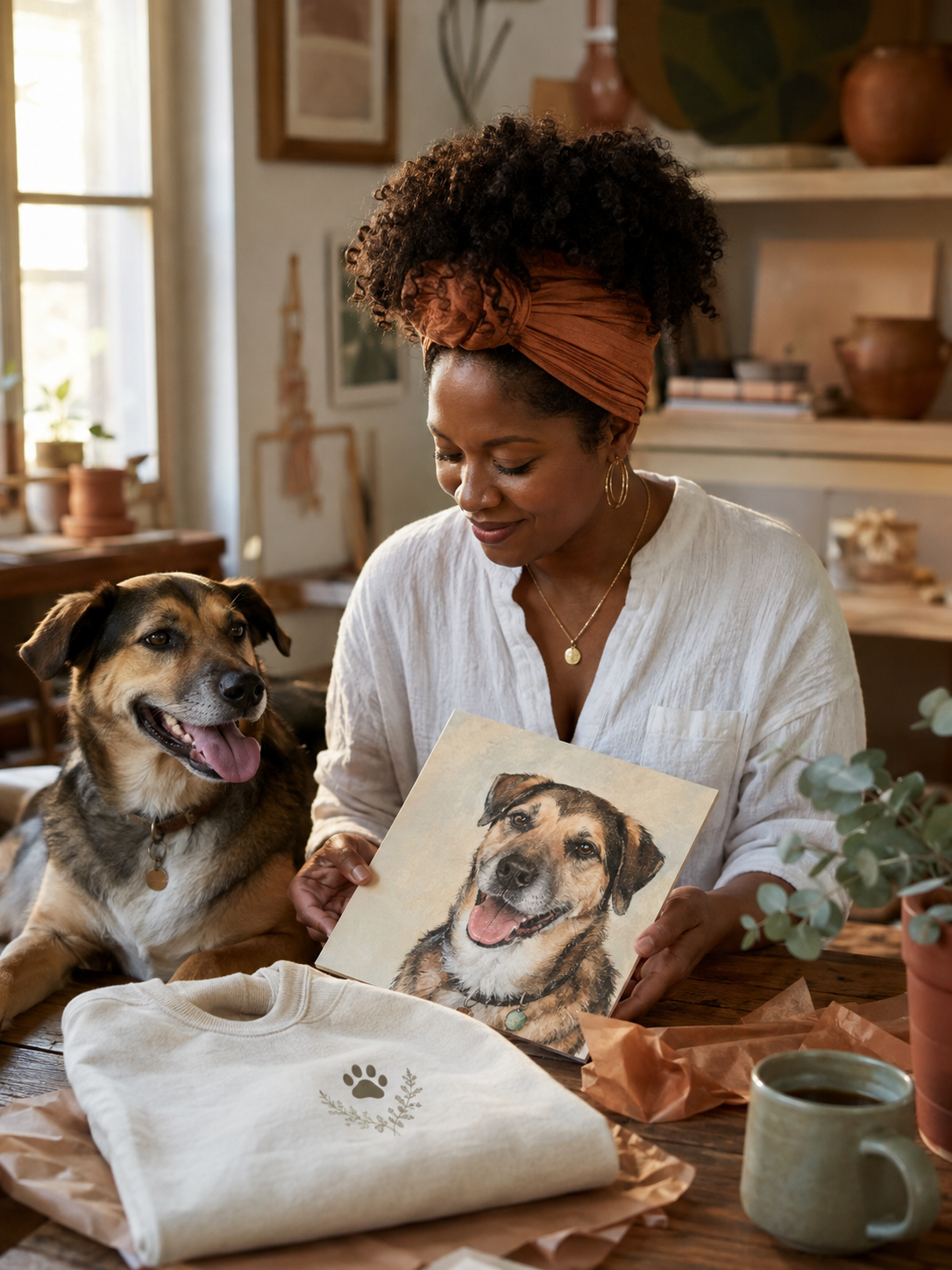 Creative entrepreneur reviewing a custom rescue dog portrait and Gotcha Day sweatshirt