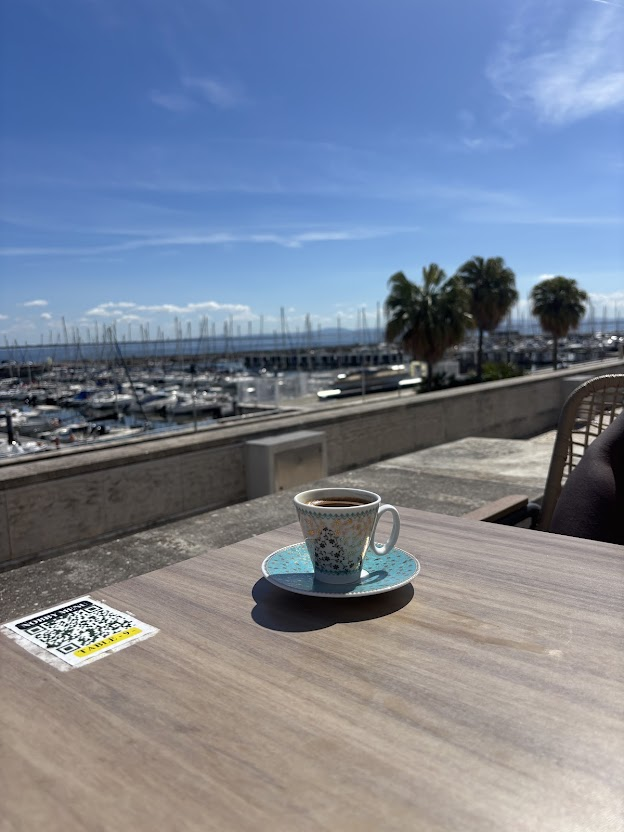 Coffee cup on waterfront table overlooking marina with sailboats and palm trees under blue sky