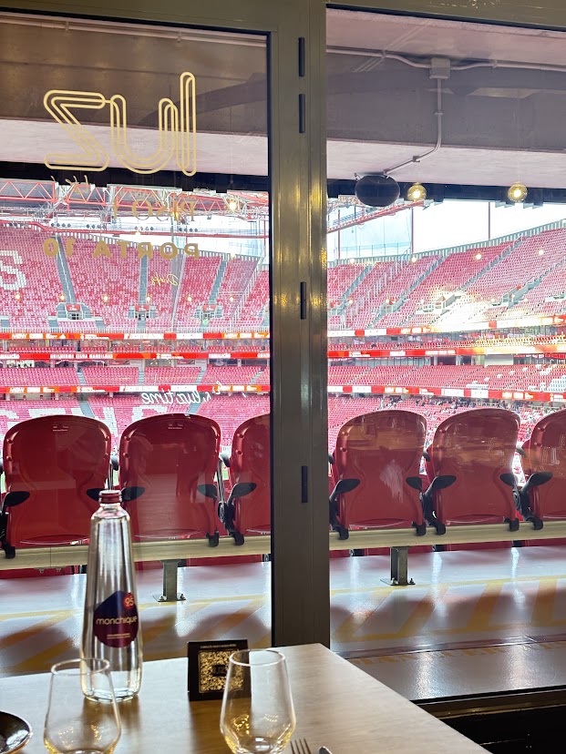 Premium stadium box view with red seats, neon cactus sign, and dining setup overlooking soccer field