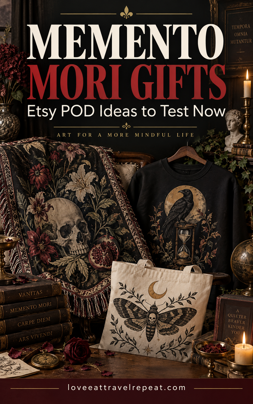 Pinterest graphic for memento mori gifts and Etsy POD ideas to test now