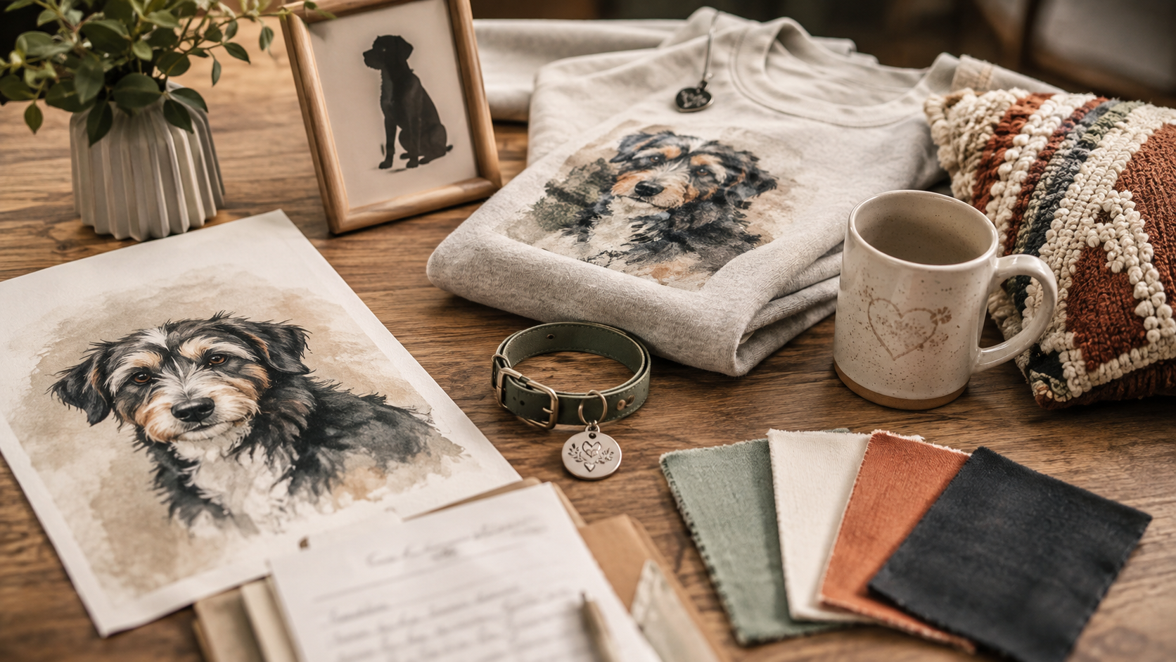 Personalized pet portrait, sweatshirt, mug, collar tag, and fabric samples on a worktable