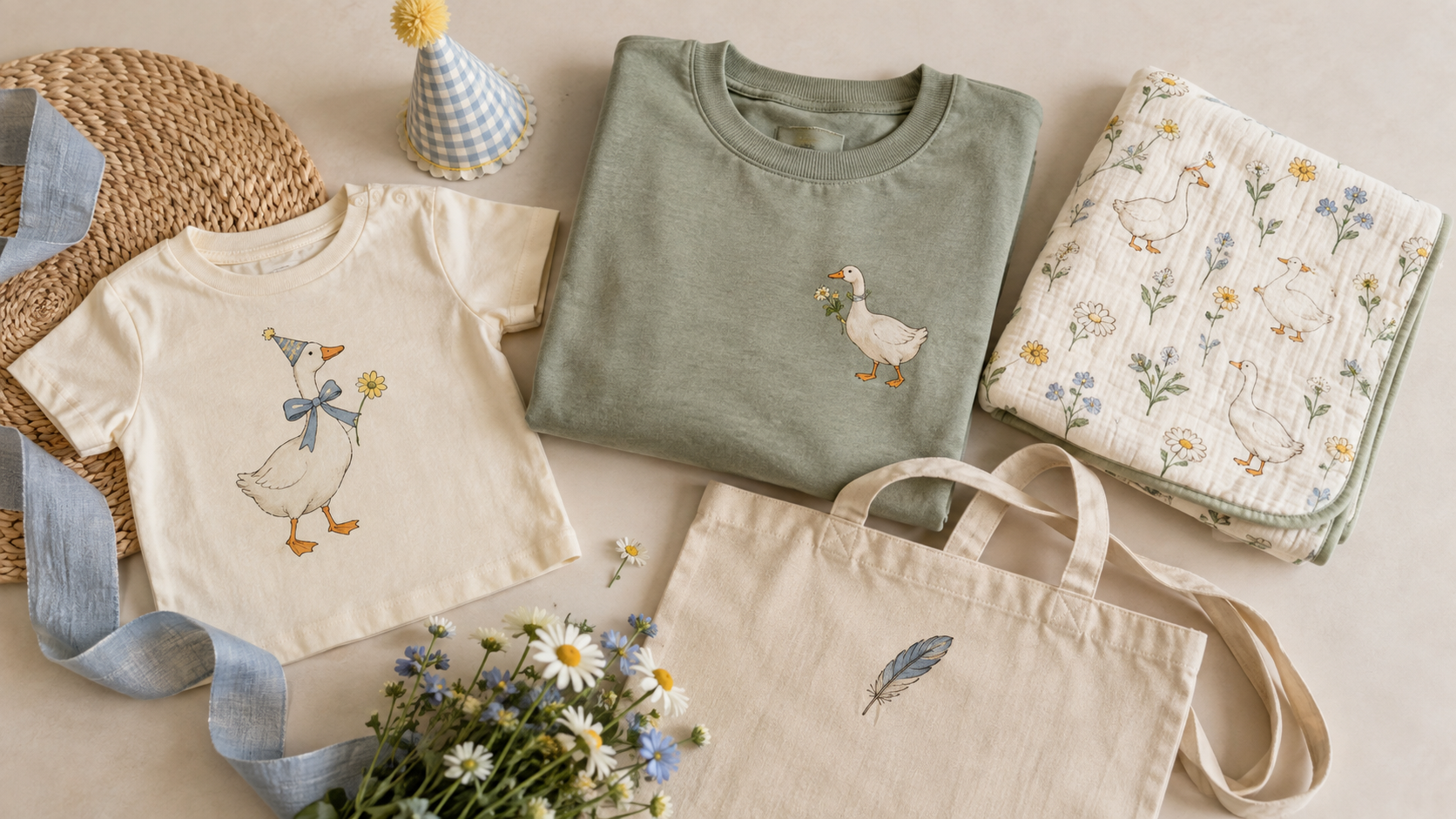 Coordinated goose-themed toddler shirt, adult sweatshirt, nursery blanket, and tote for a birthday collection