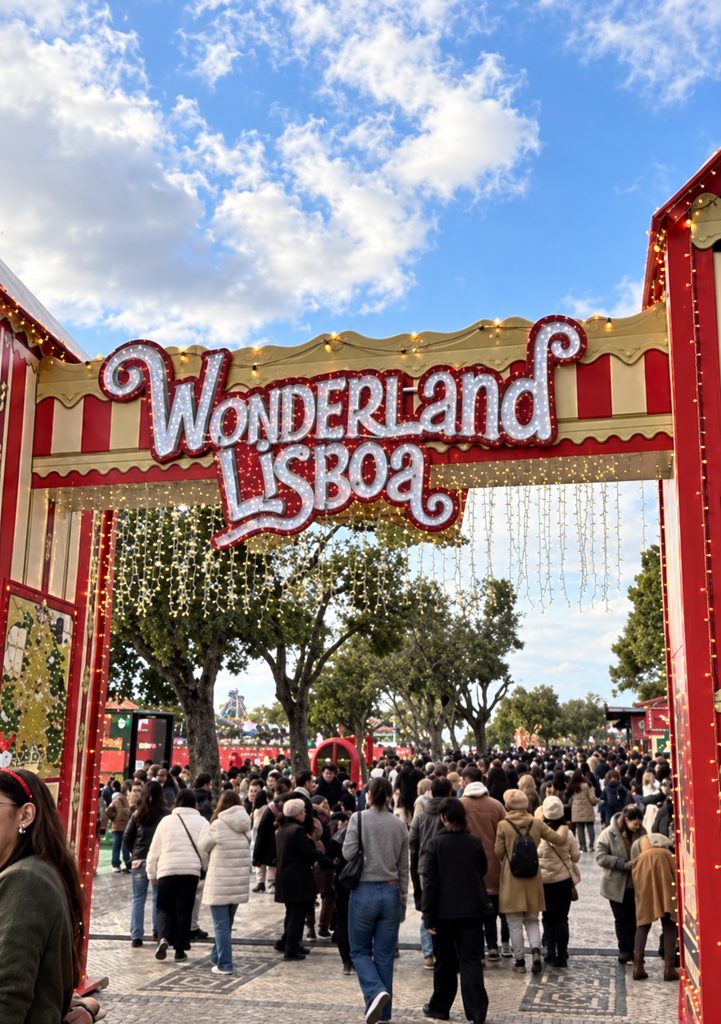 Wonderland Lisboa entrance gate with red and gold decorative arch and crowds of visitors on a sunny day