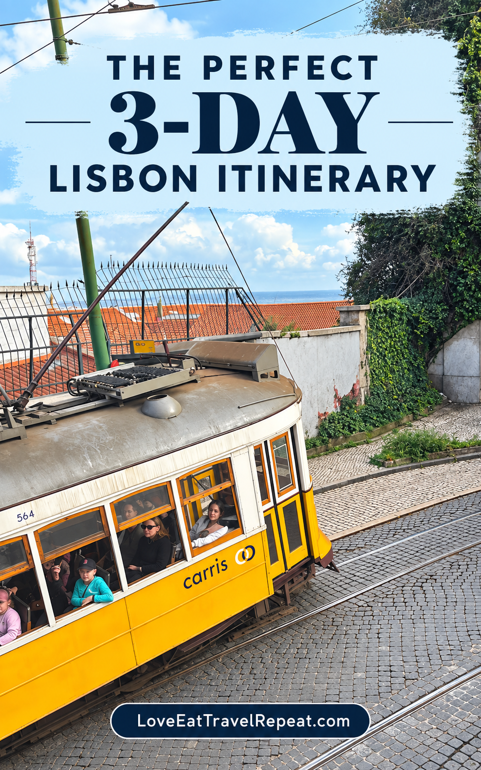 The perfect 3-day Lisbon itinerary Pinterest pin featuring a yellow Lisbon tram