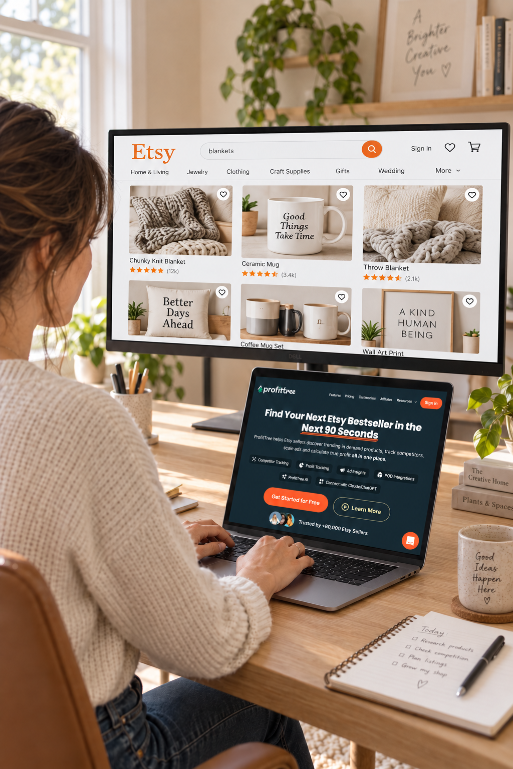 Woman browsing Etsy blankets on desktop monitor while viewing ProfitTree seller tool on laptop at wooden desk with plants