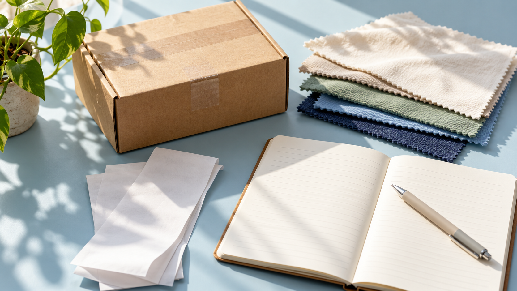 Shipping box and fabric samples beside a cost-planning notebook