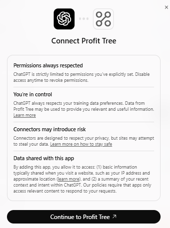 ChatGPT confirmation screen for connecting Profit Tree and reviewing data-sharing information