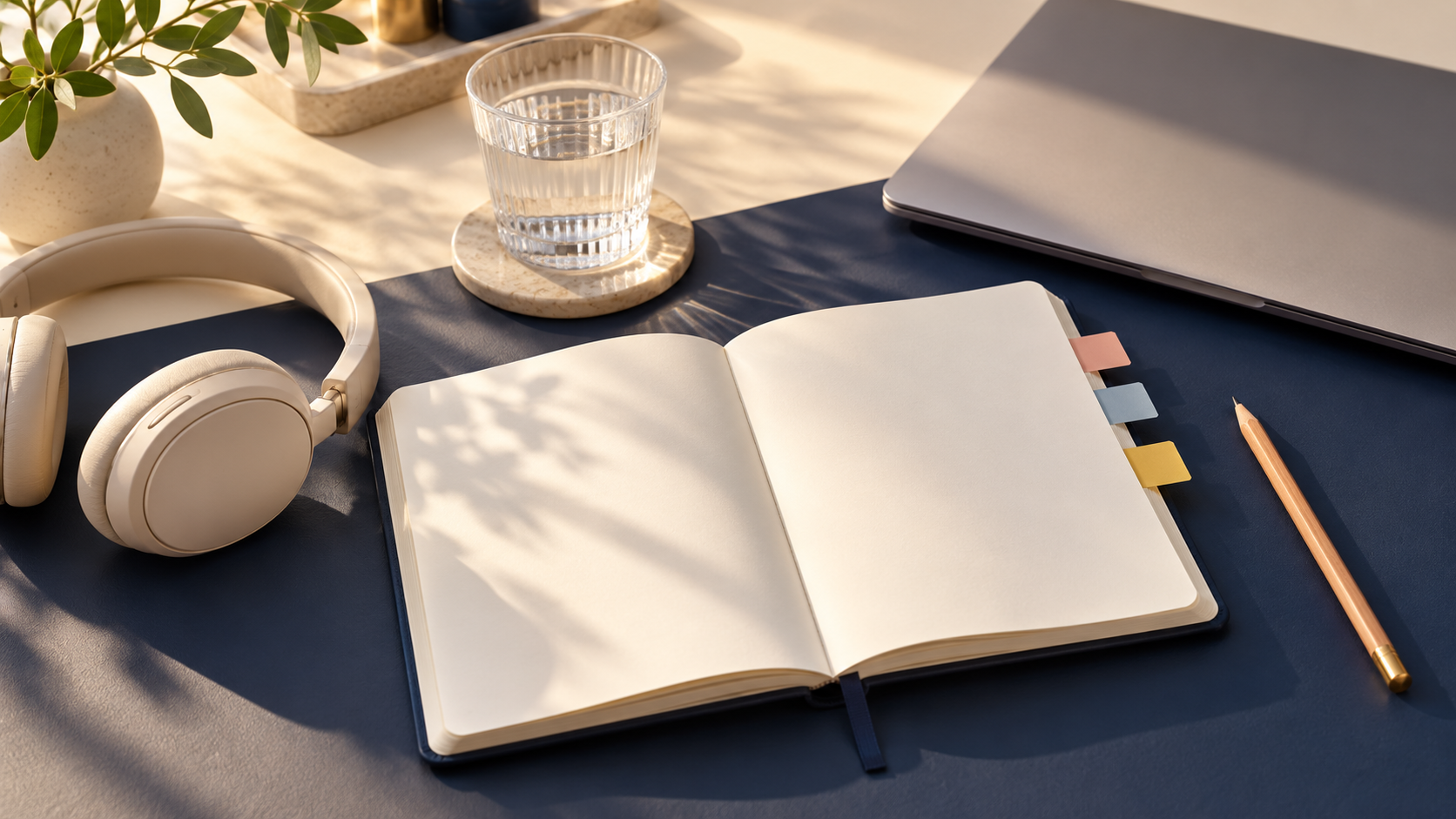 Notebook and headphones prepared for a coaching session