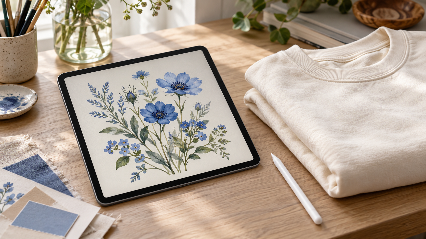 Botanical artwork on a tablet beside a cream shirt