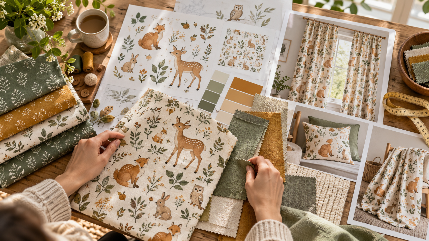 Hands comparing woodland-pattern fabric swatches with curtain and pillow concept images