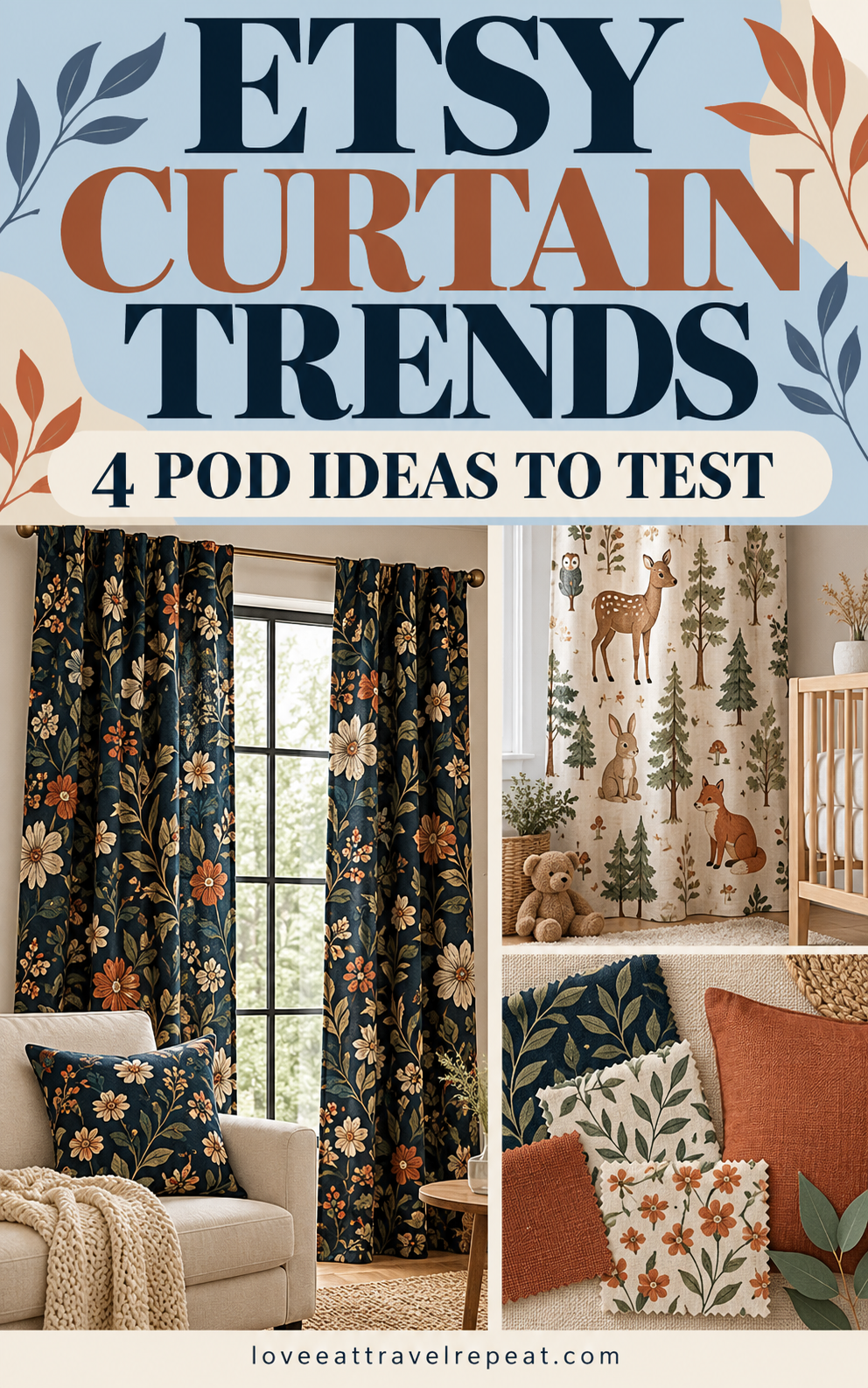 Etsy Curtain Trends graphic with four POD ideas and coordinated botanical rooms