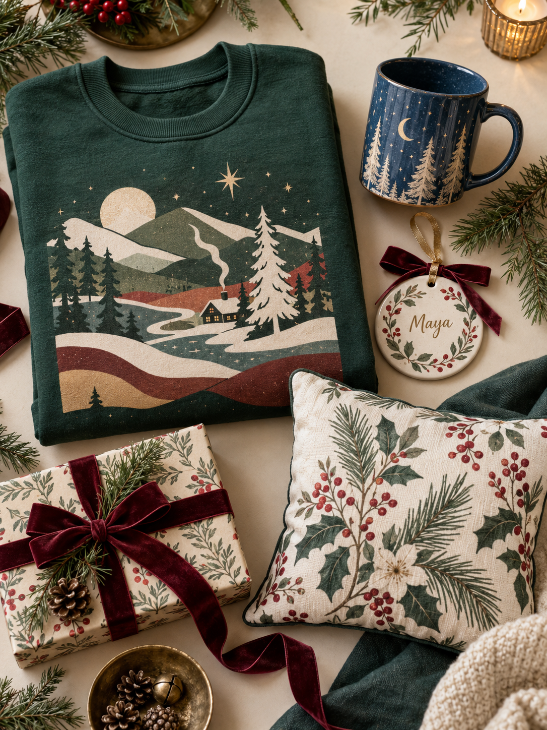 Christmas print-on-demand gift collection with ornament, mug, sweatshirt, pillow, and wrapping paper