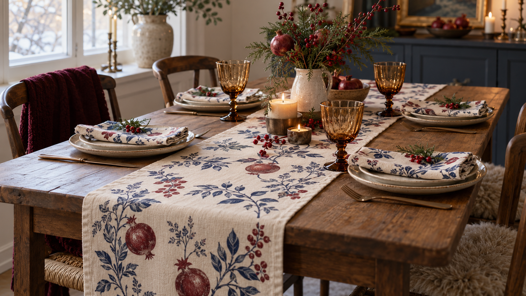 Winter dinner table with a blue botanical runner, matching napkins, amber glasses and candles