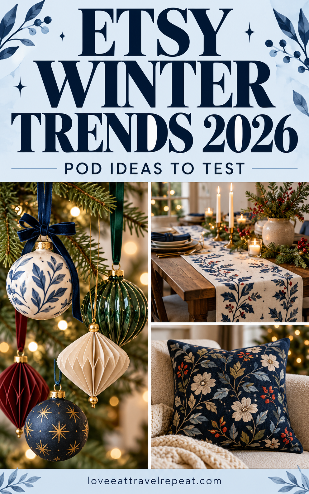 Etsy Winter Trends 2026 Pinterest graphic with ornaments, table textiles and a botanical pillow