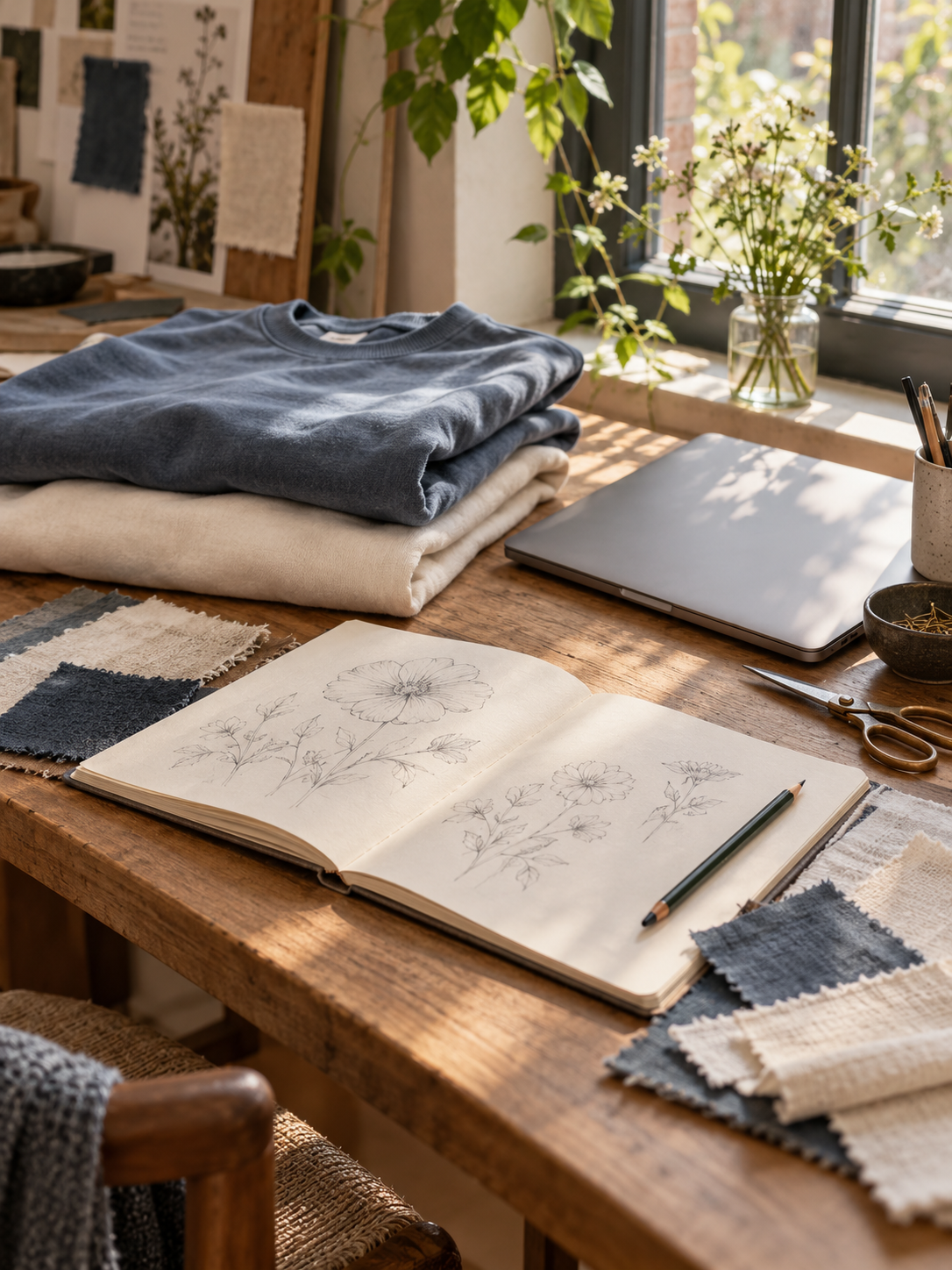 Folded cream and blue apparel beside a botanical sketchbook