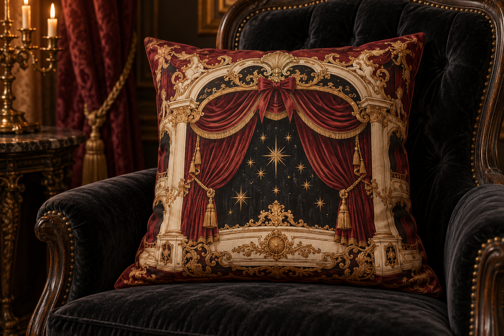 Ornate decorative pillow with theatrical stage curtains design on luxury velvet chair in opulent room setting.