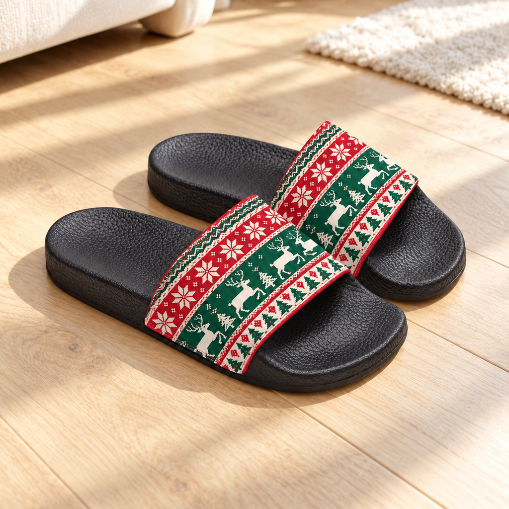 Pair of black slide sandals with festive red and green knit holiday pattern straps featuring snowflakes and reindeer designs.