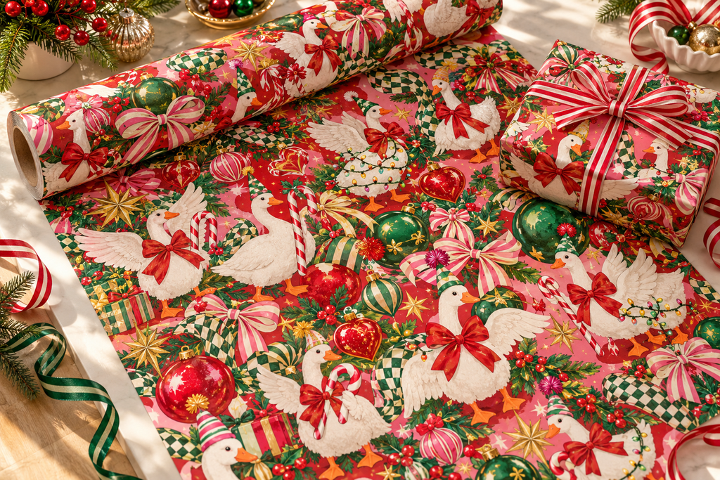 Festive Christmas wrapping paper with white doves, red bows, ornaments, candy canes, and gold stars on pink background
