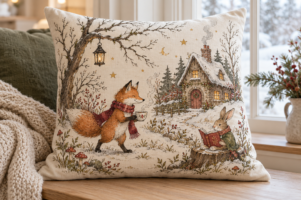 Cozy winter pillow with fox, rabbit, cottage, and snow-covered trees in festive holiday scene by window.