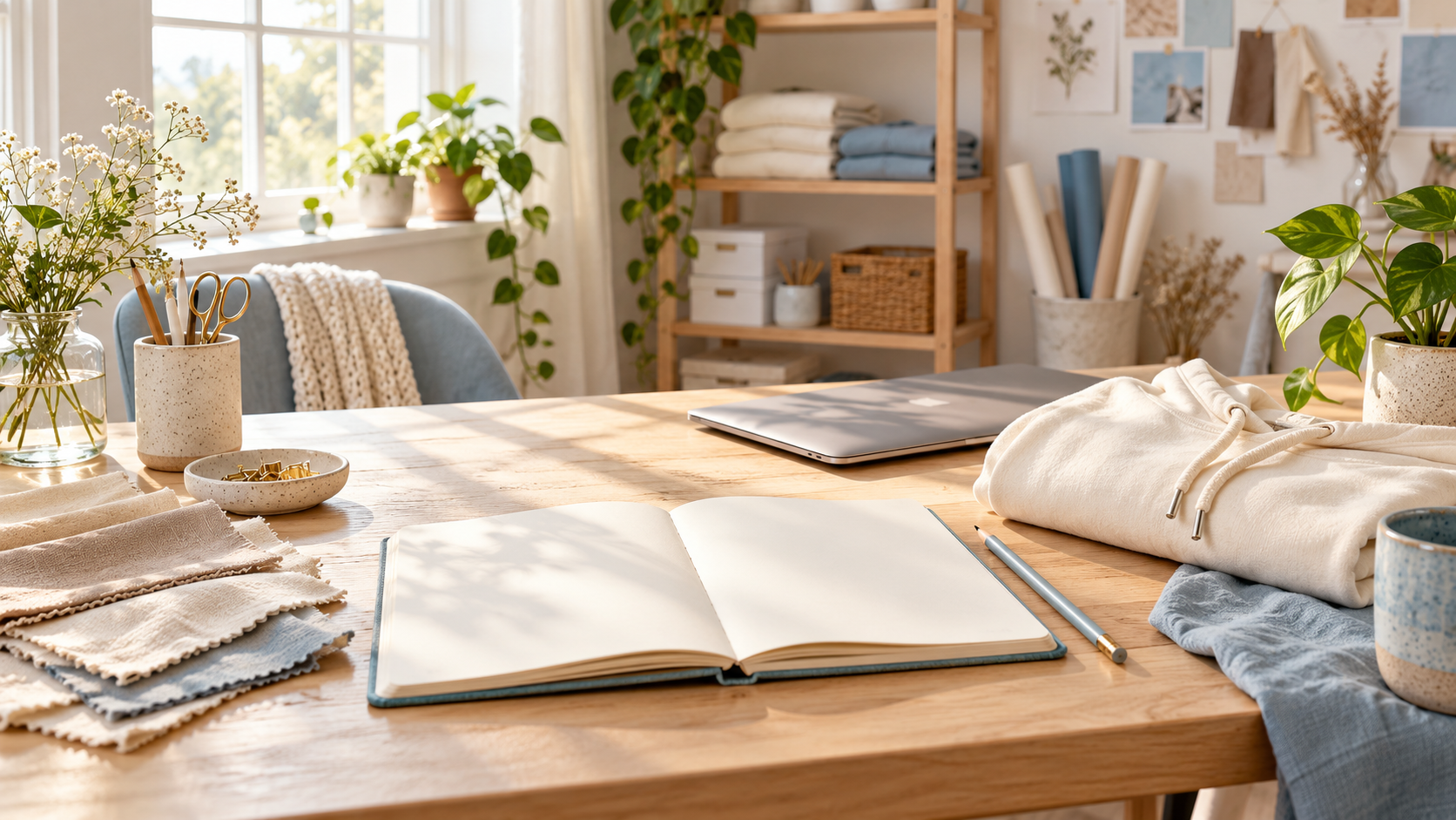 Sunlit creative workspace with notebook and folded hoodies