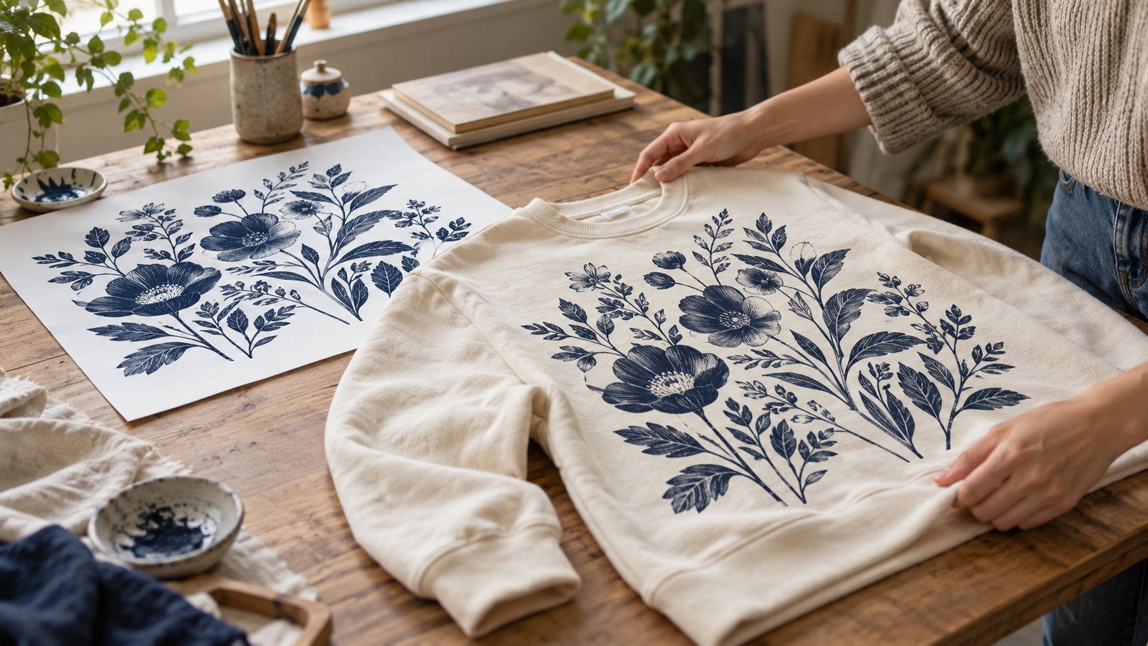 Hands inspecting a botanical sweatshirt print beside the artwork