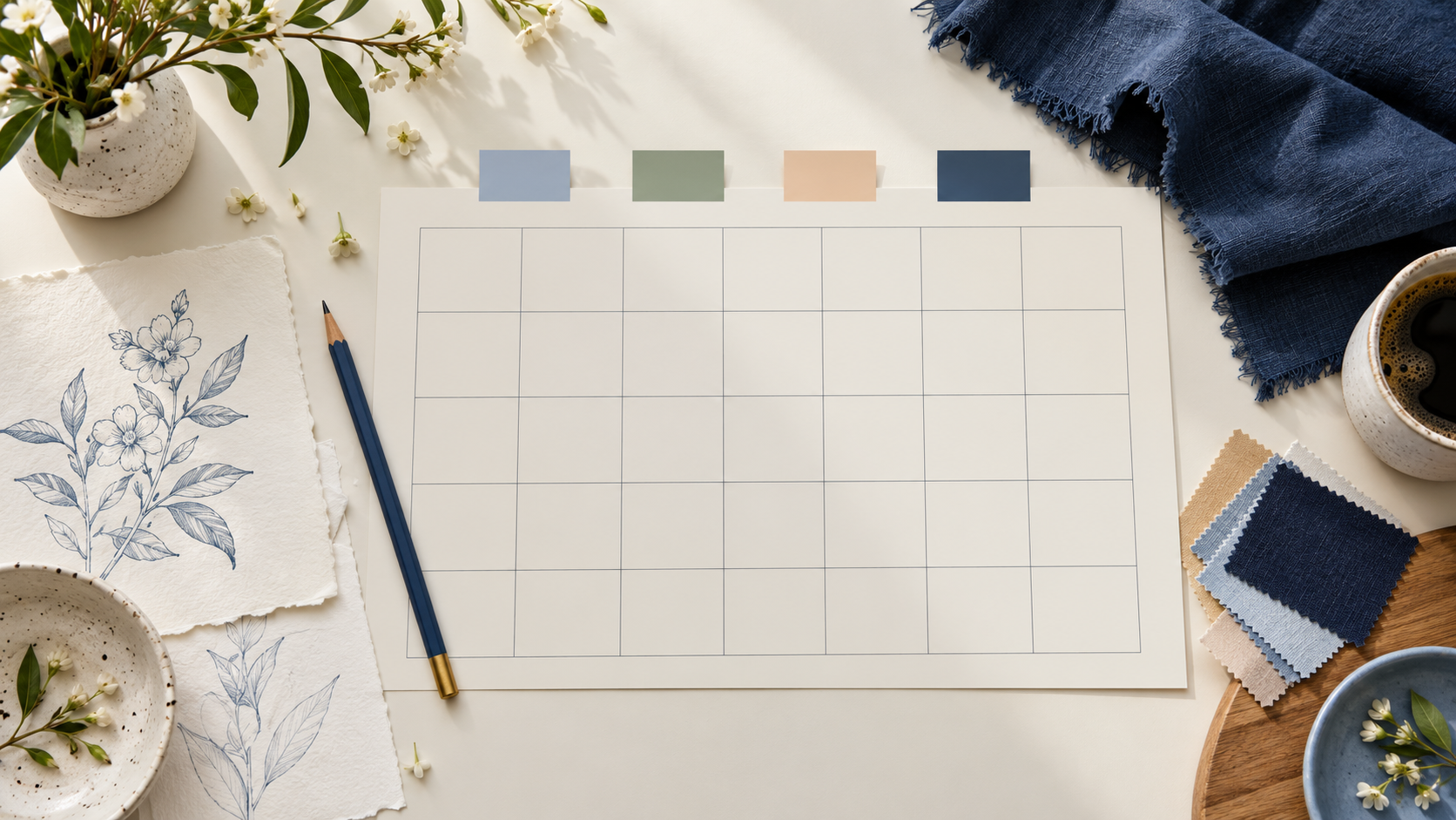 Blank monthly planning grid beside botanical artwork and fabric swatches