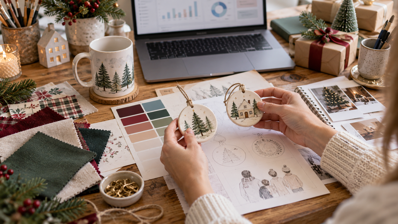 Designer planning personalized Christmas ornaments and family gifts at a home studio table
