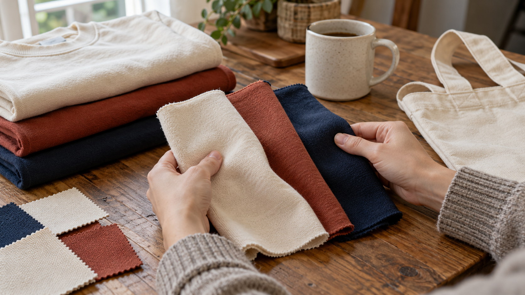 Hands comparing fabric swatches beside a blank mug and tote